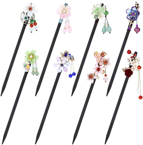 inSowni 8 Pieces Vintage Asian Chinese Traditional Hanfu Flower Wooden Hair Sticks Hairpins with Bead Pendants Hair Chopsticks Forks Bun Updo Holders for Women Girls (Multicolor S4)