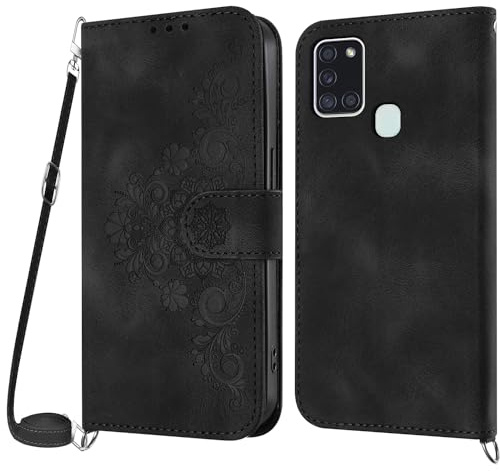 Netany Handykette Hülle für Samsung Galaxy A21S, Handyhülle für Samsung A21S Hülle mit Kette Klappbar, PU Leder Necklace Klapphülle und Umhängeband Lanyard Flip Stoßfest Schutzhülle mit Band (Schwarz)