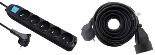 Electraline 32052 Bloc 5 Prises avec Interrupteur/fiche Plate 1,5 m Noir & Zenitech Prolongateur 16A 2P+T HO5VV-F 3G1,5mm² Noir 5m