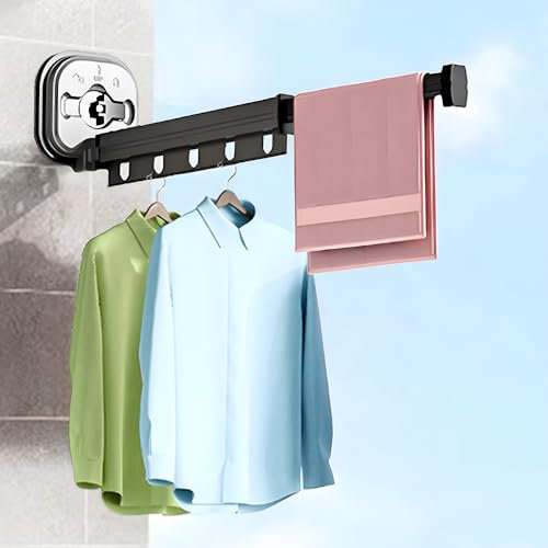 Kocusu Wall Mounted Drying Rack 59CM,Retractable Wall Mounted Clothes Airer with 15 Hooks,Foldable Clothes Rail,Wall Clothes Drying Rack for Balcony, Laundry, Bathroom,1 Folds,34+25CM
