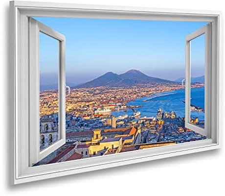 islandburner Quadro su tela Vista finestra Napoli e il Vesuvio sul retro