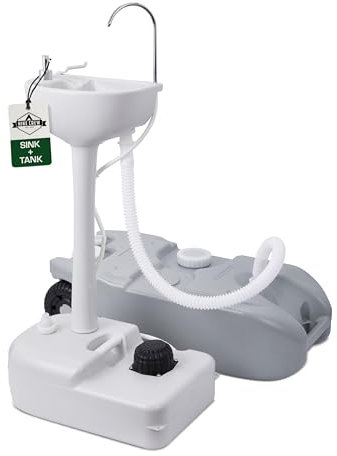 Hike Crew Fregadero portátil de camping con depósito de residuos – El juego incluye 4.5 galones, lavabo de mano con bomba de pie y tanque de residuos portátil extragrande de 10 galones