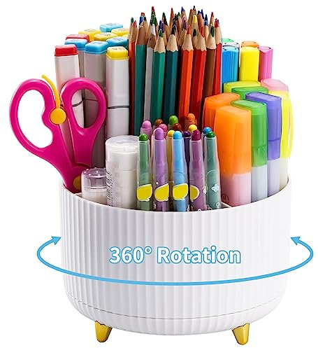 Marbrasse Desk Organiser,360-Degree Rotating Pen Holder for Accessories with 5 Compartments Pencil Organiser, Pen Storage Box Caddy for Office,Home (White)