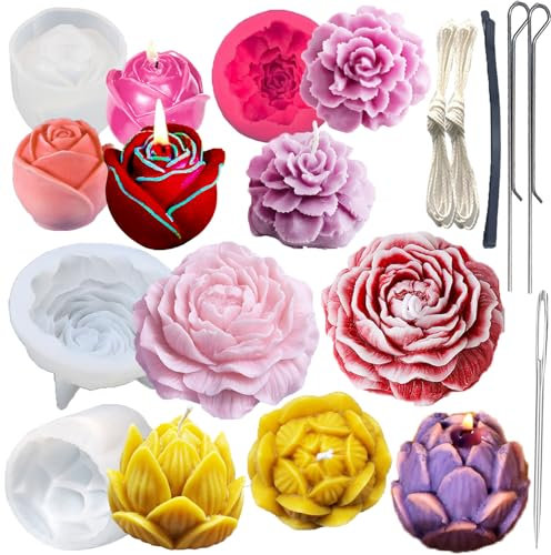 Silikon-Kerzenform mit 3D-Nelke, Pfingstrose, Lotus, Rose, Blumen-Silikon-Kerzenformen mit Stanzform und Kerzendocht-Hakennadel für Seife, Fondant, Kuchendekoration, Ploymer-Ton, 4 Stück