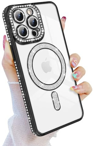 Newseego Magnetic Case for iPhone 15 Pro Max [Compatible with Magsafe], Sparkle Clear Glitter Luxury Shockproof Anti-Slip Girls Women Lens All Inclusive Soft TPU Cover for iPhone 15 Pro Max-Black