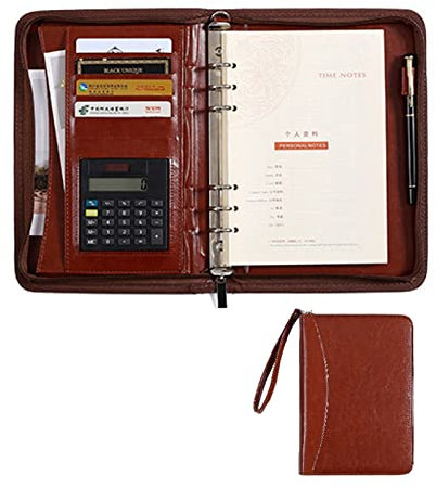 Schreibmappe A5 Ringbuch PU Leder Businessmappe Aktenmappe Ringbuch Konferenzmappe Portfolio Dokumentenmappe Dokumententasche Für Damen Herren(Brown)