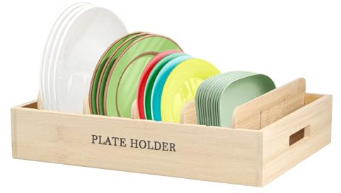 Gzsekken Paper Plate Dispenser,Bamboo Paper Plate Holders,Storage Rack for Dinner Plates, Plate Organizer for Cabinet with 5 Adjustable Dividers,Countertop Caddy