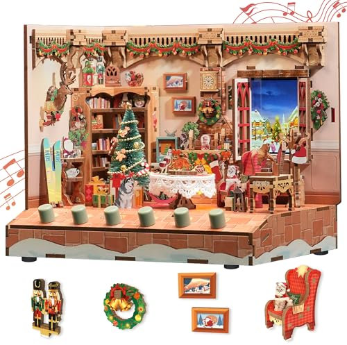 Tonecheer DIY Miniatur Das Weihnachtshäuschen Minihaus Modell Kits für Erwachsene zu Bauen 3D Holzpuzzle Modellbausatz mit Sound-Effekte, Bücherregal Dekoration Geburtstagsgeschenk für Frauen Männer
