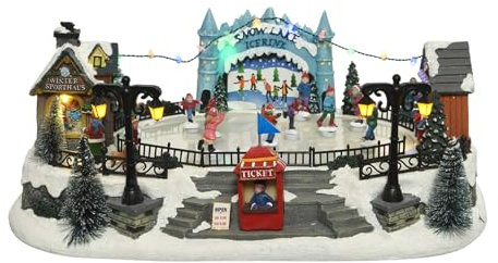 Rebecca Mobili Weihnachtsdorf mit Licht und Bewegung, Weihnachtsszene mit Spieluhr, Polyresin, Weihnachtsdeko, Geschenkideen - Maße HxBxT: 16,5 x 41,5 x 28,5 cm - Art. HA2044