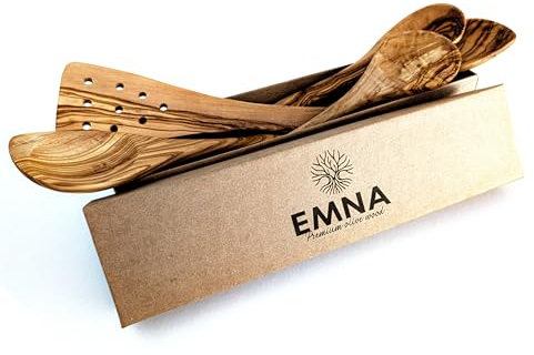 EMNA - Lot de 5 ustensiles de cuisine en bois d'olivier | env. 30 cm | Boîte cadeau exclusive | Cuillère de cuisine | Spatule | Unique | Fait main | Cadeaux | Anniversaire | Noël | Femme | Fête des