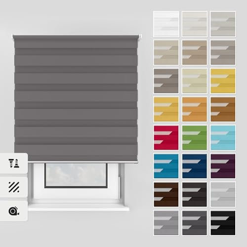 Estika Doppelrollo mit Bohren 80x150 cm Farbe: Dunkelgrau, Rollo Deckenmontage und Wandmontage Fenster rollos für innen, Jalousien Fenster, Tür Rollo