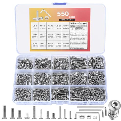 550 Pcs Tornillos M3 M4 M5, Tornillos de Cabeza Hueca Hexagonal de Cabeza Redonda con Tuercas, Tornillos y Tuercas de Acero Inox, Tornillos de Cabeza Cilíndrica de Cabeza Hueca Hexagonal