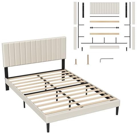UISEBRT Polsterbett 140 x 200 cm – Bettrahmen mit Knöpfen, Plattformbettgestell mit gepolstertem Kopfteil aus Samt, Holzlattenstütze, Doppelbett für Erwachsene, Modernes Design (Beige)