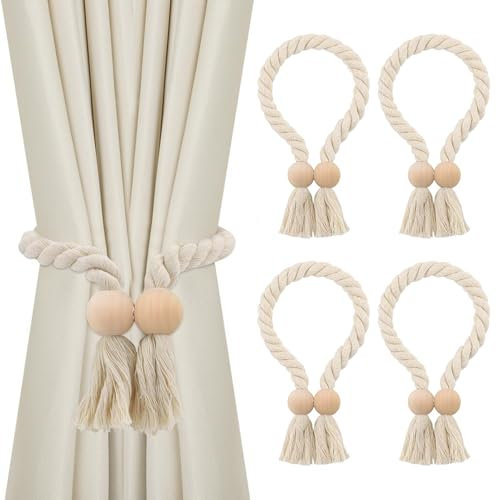 Yuyueda 4 Stück Magnetische Vorhang Raffhalter, Gardinenhalter Vorhanghalter, Gardinenraffer aus Holz Boho, Gardinen Raffhalter, Baumwollseil, Raffhalter für Gardinen Home Büro Gardinen Deko