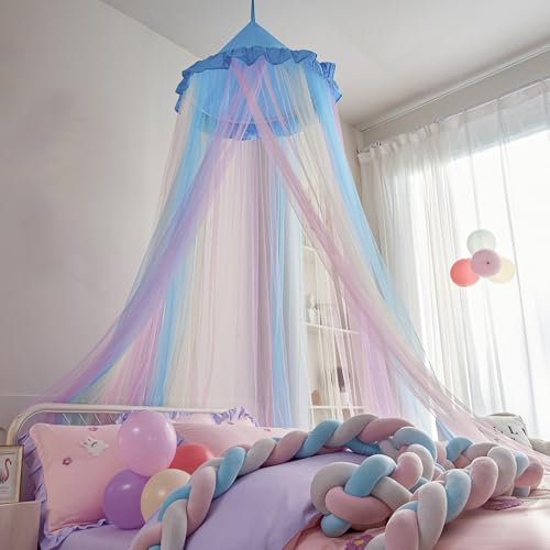 Ricemru Regenbogen Betthimmel Baby Tüll Farbverlauf Moskitonetz Babybett Kinderbett Himmel Kinder Junge Runder Kuppel Prinzessinen Baldachin Mückennetz Bett für Babyzimmer Kinderzimmer (Blau)