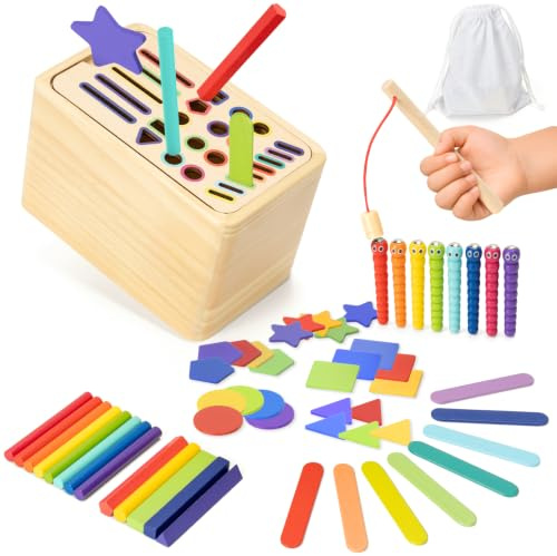 Funsland Juguetes Niños 1 2 3 Años Montessori - 4 en 1 Juegos Motricidad Fina, Sensorial de Madera Clasificar Formas y Colores, Juegos Educativos, Regalos de Viaje para Niños Niñas