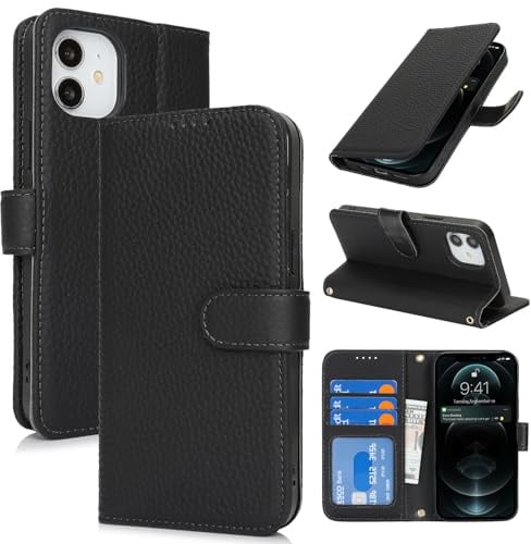 Zouzt Leather Wallet Case for iPhone 12 Mini, 4 Card Slot, Black | Genuine Leather, Card Holder, Shockproof TPU Shell, Magnetic Closure, Protective Flip Folio Phone Cover, For Women Men
