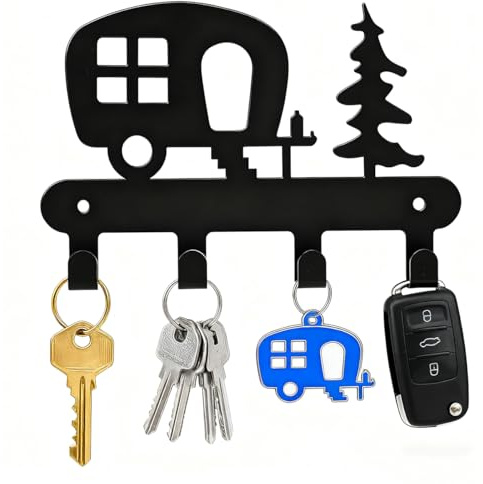 IFUDE Decorative Mini Black Iron Key Hooks Wall Mounted Campervan Key Rack with 4 Hooks, Small Key Hangers House Key Holder for Wall Entryway Caravan Decor