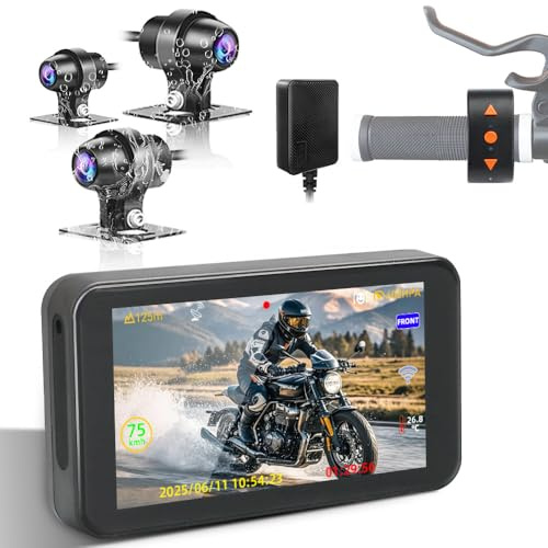 VSYSTO Cámara de Mando de Motocicleta, Pantalla de 4.5 Pulgadas GPS 3CH 1080P cámaras WiFi, Modo Selfie, monitoreo de Aparcamiento, Modo de conducción asistida, Pantalla de Temperatura, Sensor G