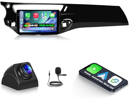 NHOPEEW Autoradio 4+64G Android pour Citroën C3 2009-2016 avec Carplay sans Fil et Android Auto - Écran incell 9 Pouces Prise en Charge WiFi GPS Commandes au Volant + Caméra de recul, Canbus