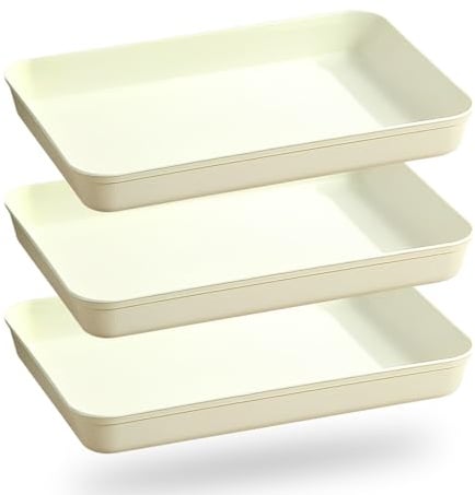 3PCS Trays for Food Serving, 4cm Deep Rectangular Plastic Platters | Serving Tray for Party Food Snacks Fruit Drinks Tea Sandwich (31x21x4cm, Beige White)