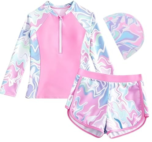 Conjunto de Rashguard para niña, traje de baño UV de manga larga con almohadillas extraíbles, top de natación con cremallera 1/2 y estampado floral y bañador corto, traje de baño, moda de baño para