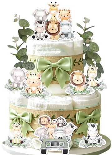 Jungle Diaper Cake Kit Safari Diaper Decor for Baby Shower Party Supplies | Safari Diaper Decor with Animals Cutouts Green Leaf Print Ribbon for Baby Shower Gender Reveal Party Supplies