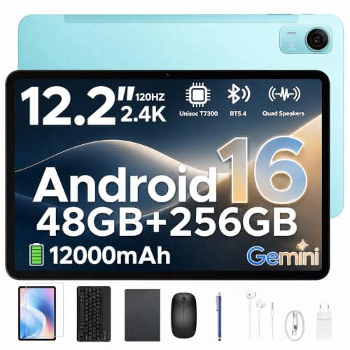 P12 Pro Tablet 12 Pulgadas, Tableta Android 16, 48GB RAM+256GB ROM/2TB TF, T7300 Octa-core, 2.4K 120Hz, 12000mAh/18W, 13MP+8MP, 5G WiFi, 4G LTE, Gemini AI, Face ID, Tablets con Teclado y Lapiz, Azul