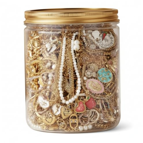 Grtheenumb Vintage-Schmuck, Gold Mystery Schmuckdose Set |.10-teiliges Mystery-Glas-Set, verschiedene goldfarbene Ohrringe, Ringe, Halsketten, Geschenkverpackung für Frauen