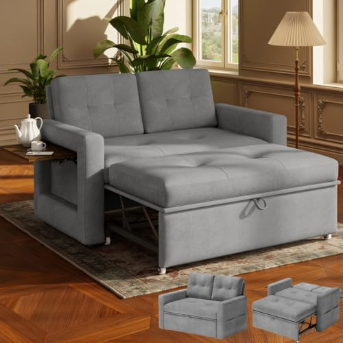 YOUDENOVA Schlafsofa mit 5-stufig Verstellbarer Rückenlehne, 2 Sitzer Sofa mit Schlaffunktion, Sofa Bed mit Tisch, Schlafcouch mit Bettfunktion, Couch Ausziehbar, 177x135 cm, Chenille Grau