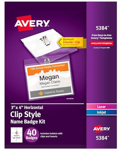 Avery Top-Loading 5384 Namensschilder mit Clip-Stil, 7,6 x 10,2 cm, 40 Stück