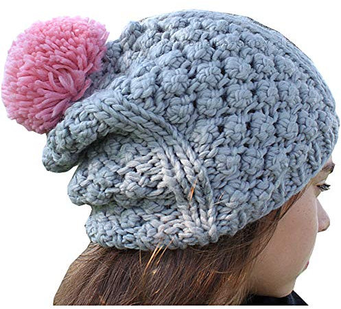 maximo Mädchen Grob-Strick-Winter-Mütze hellgrau mit großer rosa Bommel Größe: 51/53