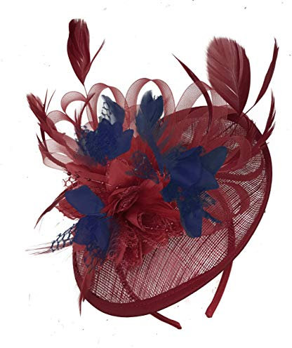 Caprilite Burgundy Dark Red and Navy Blue Sinamay Disc Saucer Fascinator Hat for Women Weddings Headband