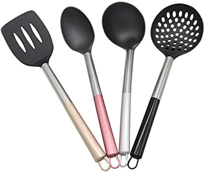 FLUO di Q.b. by MOPITA, Set 4 Utensili Cucina in Nylon Con Manico in Acciaio Rivestito, Kit 4 Utensili Cucina con Mestolo, Cucchiaio, Paletta Forata e Schiumarola