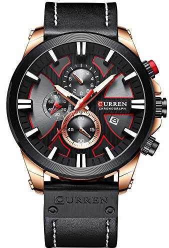 CURREN Herren-Armbanduhr, luxuriös, Chronograph, großes Zifferblatt, Leder, wasserdicht, Sport, Armee, Militär (Roségold, Schwarz), Chronograph, Quarz-Uhrwerk