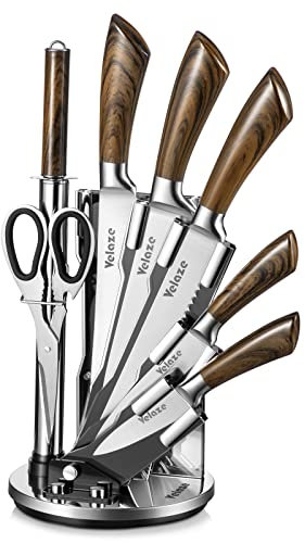 Velaze Set Coltelli, Coltelli Cucina Set 8 Pezzi, Ceppo Coltelli, Set di Coltelli Professionali Chef in Acciaio Inossidabile con Blocco Coltelli Girevole - Marrone