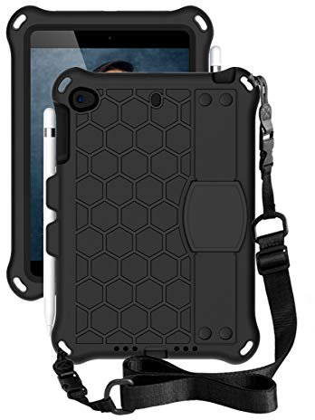 Schutzhülle für Apple iPad Mini 1, 2, 3, 4, 5, robust, stoßfest, Handschlaufe und Schultergurt, Design Schutzhülle für iPad Mini/Mini2/Mini3/Mini4/Mini5 (ohne S-Stift-Version), Schwarz