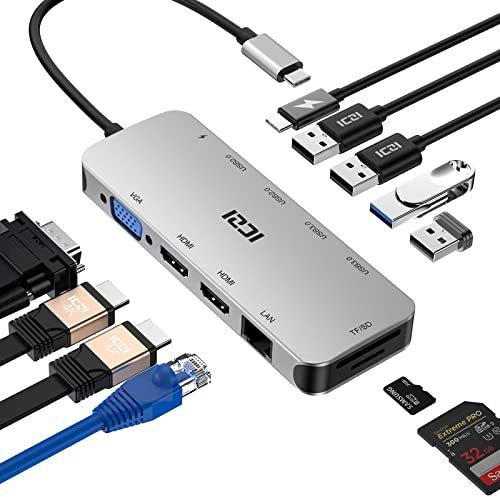 ICZI USB C Hub, 11 in 1 Docking Station Adapter mit Dual 4K HDMI, 1080P VGA, PD, RJ45 Gigabit Ethernet,2*USB 3.0, 2*USB 2.0, SD/TF Kartenleser für MacBook und mehr Typ-C Geräte