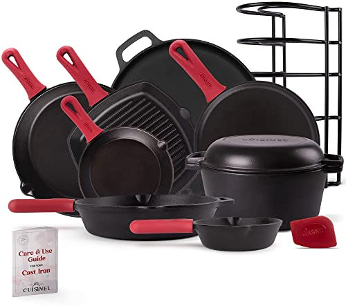 Gusseisen-Kochgeschirr, 17-teilig, vorgebrannt, 15,2 cm + 20,3 cm + 25,4 cm + 30,5 cm Bratpfanne + Deckel + Grillpfanne + Pizza-Pfanne + Dutch Oven + Abdeckung/Pfanne + Panrack + Silikongriffabdeckung