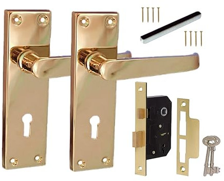 Haven Heritage ® Internal Victorian Straight Lever Lock Door Handles in Brass Plated Including Lock with Keys - Back Plate 154 x 41mm Sold in Pairs (1)
