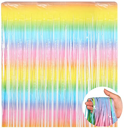 3,28 x 6,56 Ft Regenbogen Lametta Vorhang Deko Bunte Metallisch Folie Fransen Vorhänge Hängend Pastell Luftschlangen Tür Glitzer Hintergrund für Geburtstag Hochzeit Party Brautparty Präsent
