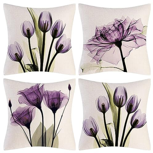 QUALKNOY Set of 4 Cushion Covers 18x18 Purple Flower Modern Art Boho Decorative Square Throw Pillow Cases 45x45 cm for Living Room Sofa Garden Outdoor Courtyard Flora Home Decor Pillowcases