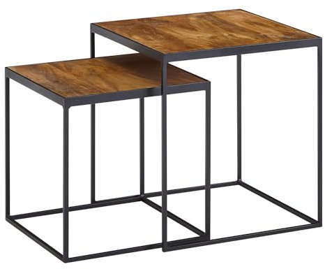 FineBuy Wohnzimmertisch 2er Set Mango Massivholz/Metall Beistelltisch Eckig, Design Beistelltisch Industrial, Sofatisch Couchtisch Quadratisch, Tischset 2-teilig Satztisch