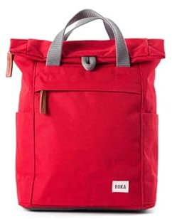 ROKA London Finchley A Medium Recycled Canvas (Mars Red) | Roll top backpack with spacious storage, padded laptop sleeve, side bottle pockets, secret pocket and adjustable straps