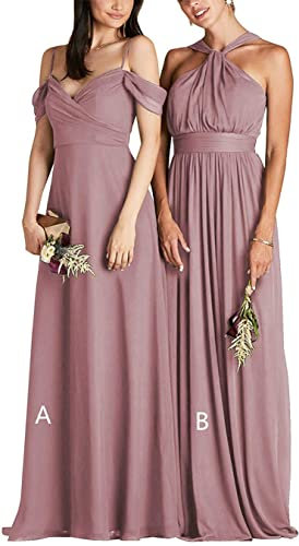 KURFACE Robes de demoiselle d'honneur de mariage pour juniors femmes dos nu épaules dénudées longues robes de demoiselle d'honneur, Rose poudré-a, 36