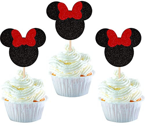 24 Stück Mini Maus Inspiriert Geburtstag Tortendeko Happy Birthday Cake Topper Mit Schleife Kuchendekoration für Party Kuchendeko Schwarz und Rot