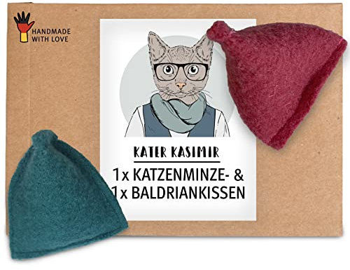 Premium Baldrian Kissen für Katzen und Katzenminze Kissen (2er Set). In Deutschland von Hand und mit Liebe gefertigtes nachhaltiges Katzenspielzeug mit Katzenminze in Premium-Qualität