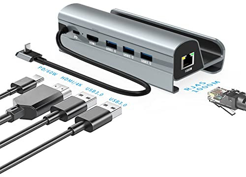 6 in 1 Steam Deck Docking Station, Docking Station für Steam Deck Mit 4K HDMI, Gigabit Ethernet, 60W PD Schnellladung, 3 USB 3.0 Ports, Valve Steam Deck USB-C PD Ladezubehör