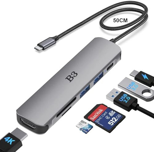 USB C Hub HDMI Adapter für MacBook Air Pro, 6 IN 1 Multiport Adaptor mit 4K 30Hz Ausgang, USB 3.0&2.0 Anschlüsse, 100W PD, SD/TF Kartenleser, Kompatibel für iPhone16/15 Laptop und mehr Type-C Geräte