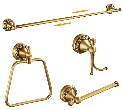 Badezimmerzubehör-Set, Antik-Bronze, Verstellbarer Handtuchhalter, Toilettenpapierhalter, Handtuchhalter, Haken, Badezimmer-Zubehör-Set, Wandmontage, Musterschnitz-Design